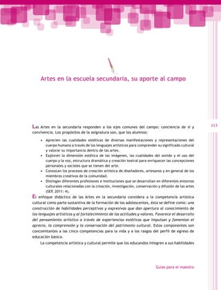 Artes en la escuela secundaria, su aporte al campo




Las Artes en la secundaria responden a los ejes comunes del campo: conciencia de sí y                   113
convivencia. Los propósitos de la asignatura son, que los alumnos:

      •	 Aprecien las cualidades estéticas de diversas manifestaciones y representaciones del
         cuerpo humano a través de los lenguajes artísticos para comprender su significado cultural
         y valorar su importancia dentro de las artes.
      •	 Exploren la dimensión estética de las imágenes, las cualidades del sonido y el uso del
         cuerpo y la voz, estructura dramática y creación teatral para enriquecer las concepciones
         personales y sociales que se tienen del arte.
      •	 Conozcan los procesos de creación artística de diseñadores, artesanos y en general de los
         miembros creativos de la comunidad.
      •	 Distingan diferentes profesiones e instituciones que se desarrollan en diferentes entornos
         culturales relacionadas con la creación, investigación, conservación y difusión de las artes
         (SEP, 2011: 4).
El  enfoque didáctico de las Artes en la secundaria considera a la competencia artística
cultural como parte sustantiva de la formación de los adolescentes, ésta se define como: una
construcción de habilidades perceptivas y expresivas que dan apertura al conocimiento de
los lenguajes artísticos y al fortalecimiento de las actitudes y valores. Favorece el desarrollo
del pensamiento artístico a través de experiencias estéticas que impulsan y fomentan el
aprecio, la comprensión y la conservación del patrimonio cultural. Estos componentes son
concomitantes a las cinco competencias para la vida y a los rasgos del perfil de egreso de
educación básica.
      La competencia artística y cultural permite que los educandos integren a sus habilidades




                                                                             Guías para el maestro
 