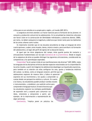 crítica para no ser extraños en su propio país o región, y el mundo (SEP 2011).
                                                                        ,
    La asignatura de Artes atiende a un factor esencial para la formación de los jóvenes: el
consumo y producción cultural de los adolescentes. En la actualidad las industrias culturales
son factor clave en la construcción de identidades individuales y colectivas (Kantor, 2008),
por tanto, no deben soslayarse la magnitud y cobertura que tienen tanto para los habitantes
de las zonas urbanas como rurales.
    Es importante recordar que en las escuelas secundarias se elige un lenguaje de entre
cuatro opciones, a saber, artes visuales, danza, música o teatro, para contribuir a la formación
del adolescente y al logro del perfil de egreso de la educación básica.
    Al igual que las otras asignaturas del campo, Artes guarda puntos de contacto y                   115
articulaciones fundamentales con los ejes Conciencia de sí y Convivencia. Desde el ángulo
de la asignatura de Artes se pueden distinguir las siguientes articulaciones, considerando las
competencias y los aprendizajes esperados:
    Corporeidad “es el cuerpo vivido en sus manifestaciones más diversas” (SEP, 2009), todos
los lenguajes de las disciplinas artísticas abordan aspectos relacionados con la corporeidad.En
las artes visuales, a partir de imágenes los adolescentes despliegan sus inquietudes expresivas,
pero también en su relación con ellas configuran los usos, gustos y tendencias estéticas
del cuerpo. La danza, como un lenguaje corporal, permite que los
adolescentes exploren de manera libre y lúdica el potencial
expresivo de sus movimientos y les ayuda a comprender su                  Corporeidad
                                                                           Emociones
cuerpo desde una perspectiva estética y cultural. En cuanto                  Ideas
a la música, los estudiantes pueden producir sonidos vocales              Sensaciones
e instrumentales, y establecer una audición activa para
comprender el lenguaje musical. El teatro favorece que
los estudiantes exploren las múltiples posibilidades
                                                              Convivencia               Diversidad
de expresión oral y corporal para comunicar sus
                                                              Participación              Identidad
ideas, emociones y sensaciones a partir, por                     Diálogo                Comunidad
ejemplo, de la improvisación o representación de               Ciudadanía               Patrimonio
                                                              Democracia
algún personaje.
    Convivencia, “implica poner en práctica los




                                                                              Guías para el maestro
 