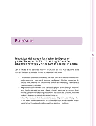P ropósitos


                                                                                                13
Propósitos del campo formativo de Expresión
y apreciación artísticas, y las asignaturas de
Educación Artística y Artes para la Educación Básica

Con el estudio de los aspectos artísticos y culturales de cada nivel educativo en la
Educación Básica se pretende que los niños y los adolescentes:


    •	 Desarrollen la competencia artística y cultural a partir de la apropiación de los len-
       guajes, procesos y recursos de las artes, con base en el trabajo pedagógico di-
       señado para potenciar sus capacidades, atender sus intereses y satisfacer sus
       necesidades socioculturales.
    •	 Adquieran los conocimientos y las habilidades propios de los lenguajes artísticos:
       artes visuales, expresión corporal y danza, música y teatro, que les permitan desa-
       rrollar su pensamiento artístico, paralelamente a sus actitudes y valores, mediante
       experiencias estéticas que favorezcan su creatividad.
    •	 Valoren la importancia de la diversidad y la riqueza del patrimonio artístico y cultu-
       ral por medio del descubrimiento y de la experimentación de los diferentes aspec-
       tos del arte al vivenciar actividades cognitivas, afectivas y estéticas.
 