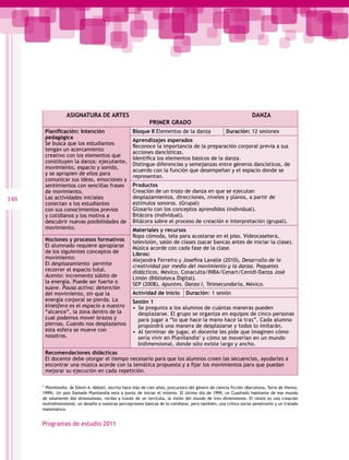 ASIGNATURA DE ARTES                                                                              DANZA
                                                              PRIMER GRADO
          Planificación: Intención                   Bloque II Elementos de la danza                  Duración: 12 sesiones
          pedagógica
                                                     Aprendizajes esperados
          Se busca que los estudiantes
                                                     Reconoce la importancia de la preparación corporal previa a sus
          tengan un acercamiento
                                                     acciones dancísticas.
          creativo con los elementos que
                                                     Identifica los elementos básicos de la danza.
          constituyen la danza: ejecutante,
                                                     Distingue diferencias y semejanzas entre géneros dancísticos, de
          movimiento, espacio y sonido,
                                                     acuerdo con la función que desempeñan y el espacio donde se
          y se apropien de ellos para
                                                     representan.
          comunicar sus ideas, emociones y
          sentimientos con sencillas frases          Productos
          de movimiento.                             Creación de un trozo de danza en que se ejecutan
146       Las actividades iniciales                  desplazamientos, direcciones, niveles y planos, a partir de
          conectan a los estudiantes                 estímulos sonoros. (Grupal)
          con sus conocimientos previos              Glosario con los conceptos aprendidos (individual).
          y cotidianos y los motiva a                Bitácora (individual).
          descubrir nuevas posibilidades de          Bitácora sobre el proceso de creación e interpretación (grupal).
          movimiento.                                Materiales y recursos
                                                     Ropa cómoda, tela para acostarse en el piso. Videocasetera,
          Nociones y procesos formativos             televisión, salón de clases (sacar bancas antes de iniciar la clase).
          El alumnado requiere apropiarse            Música acorde con cada fase de la clase.
          de los siguientes conceptos de             Libros:
          movimiento:                                Alejandra Ferreiro y Josefina Lavalle (2010), Desarrollo de la
          El desplazamiento permite                  creatividad por medio del movimiento y la danza. Paquetes
          recorrer el espacio total.                 didácticos, México, Conaculta/INBA/Cenart/Cenidi-Danza José
          Acento: incremento súbito de               Limón (Biblioteca Digital).
          la energía. Puede ser fuerte o             SEP (2008), Apuntes. Danza I, Telesecundaria, México.
          suave. Pausa activa: detención
          del movimiento, sin que la                 Actividad de inicio         Duración: 1 sesión
          energía corporal se pierda. La             Sesión 1
          kinesfera es el espacio a nuestro          •  Se pregunta a los alumnos de cuántas maneras pueden
          “alcance”, la zona dentro de la               desplazarse. El grupo se organiza en equipos de cinco personas
          cual podemos mover brazos y                   para jugar a “lo que hace la mano hace la tras”. Cada alumno
          piernas. Cuando nos desplazamos               propondrá una manera de desplazarse y todos lo imitarán.
          esta esfera se mueve con                   •  Al terminar de jugar, el docente les pide que imaginen cómo
          nosotros.                                     sería vivir en Planilandia1 y cómo se moverían en un mundo
                                                        bidimensional, donde sólo existe largo y ancho.
          Recomendaciones didácticas
          El docente debe otorgar el tiempo necesario para que los alumnos creen las secuencias, ayudarles a
          encontrar una música acorde con la temática propuesta y a fijar los movimientos para que puedan
          mejorar su ejecución en cada repetición.

      1
       Planilandia, de Edwin A. Abbott, escrita hace más de cien años, precursora del género de ciencia ficción (Barcelona, Torre de Viento,
      1999). Un país llamado Planilandia está a punto de iniciar el milenio. El último día de 1999, un Cuadrado habitante de ese mundo
      de solamente dos dimensiones, recibe a través de un terrícola, la visión del mundo de tres dimensiones. El relato es una creación
      multidimensional, un desafío a nuestras percepciones básicas de lo cotidiano, pero también, una crítica social penetrante y un tratado
      matemático.


      Programas de estudio 2011
 