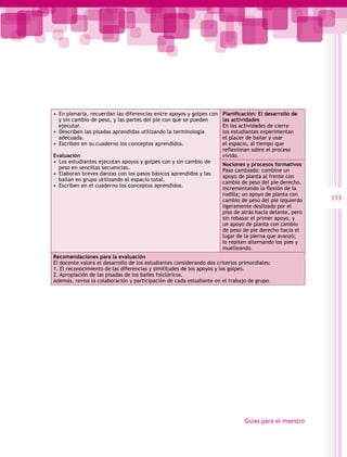 •  En plenaria, recuerdan las diferencias entre apoyos y golpes con   Planificación: El desarrollo de
   y sin cambio de peso, y las partes del pie con que se pueden       las actividades
   ejecutar.                                                          En las actividades de cierre
•  Describen las pisadas aprendidas utilizando la terminología        los estudiantes experimentan
   adecuada.                                                          el placer de bailar y usar
•  Escriben en su cuaderno los conceptos aprendidos.                  el espacio, al tiempo que
                                                                      reflexionan sobre el proceso
Evaluación                                                            vivido.
•  Los estudiantes ejecutan apoyos y golpes con y sin cambio de
                                                                      Nociones y procesos formativos
   peso en sencillas secuencias.
                                                                      Paso cambiado: combine un
•  Elaboran breves danzas con los pasos básicos aprendidos y las
                                                                      apoyo de planta al frente con
   bailan en grupo utilizando el espacio total.
                                                                      cambio de peso del pie derecho,
•  Escriben en el cuaderno los conceptos aprendidos.
                                                                      incrementando la flexión de la
                                                                      rodilla; un apoyo de planta con
                                                                      cambio de peso del pie izquierdo    153
                                                                      ligeramente deslizado por el
                                                                      piso de atrás hacia delante, pero
                                                                      sin rebasar el primer apoyo, y
                                                                      un apoyo de planta con cambio
                                                                      de peso de pie derecho hacia el
                                                                      lugar de la pierna que avanzó;
                                                                      lo repiten alternando los pies y
                                                                      muelleando.
Recomendaciones para la evaluación
El docente valora el desarrollo de los estudiantes considerando dos criterios primordiales:
1. El reconocimiento de las diferencias y similitudes de los apoyos y los golpes.
2. Apropiación de las pisadas de los bailes folclóricos.
Además, revisa la colaboración y participación de cada estudiante en el trabajo de grupo.




                                                                                Guías para el maestro
 