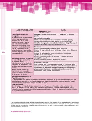 ASIGNATURA DE ARTES                                                                      DANZA
                                                              TERCER GRADO
          Planificación: Intención                   Bloque IV Preparación de un baile                  Duración: 12 sesiones
          pedagógica                                 popular
          Se pretende que los estudiantes
                                                     Aprendizajes esperados
          inicien la preparación del
                                                     Diseña secuencias creativas al realizar movimientos (pasos y
          montaje final de un baile
                                                     secuencias) propios de un baile popular (eje de expresión).
          popular, de manera que las
                                                     Identifica el origen, los antecedentes históricos, el significado y el
          tres secuencias sugeridas
                                                     contexto de un baile popular (eje de apreciación).
          pretenden ligarlo emocional,
          corporal e intelectualmente                Productos
          con las características del                Elaboración de un relato sobre los bailes familiares.
          baile elegido para que puedan              Informe de la práctica de observación que incluya fotos, dibujos o
          elaborar la proyección escénica2           bocetos.
154       correspondiente.                           Informe de la indagación sobre antecedentes históricos y
                                                     significado del baile elegido.
                                                     Elaboración de las secuencias del baile y creación del diseño
          Nociones y procesos formativos             coreográfico grupal.
          Se pretende que los alumnos                Elaboración de una bitácora del montaje escénico.
          se apropien teórica y
          prácticamente de los siguientes            Materiales y recursos
          conceptos de movimiento para               Ropa cómoda, tela o tapetes para acostarse en el piso del salón
          la elaboración de su proyección            de clases. Videocasetera, televisión, salón de clases (sacar bancas
          escénica.                                  antes de iniciar la sesión). Música rítmica para el calentamiento,
          Motivo: unidad mínima de                   pieza musical elegida para la elaboración de las secuencias de
          movimiento con un patrón                   movimiento, suave para el enfriamiento.
          rítmico y cinético característico
          de un género de danza.
          Recomendaciones didácticas
          Papel del docente
          Es importante que se destine el tiempo suficiente a la repetición de las secuencias creadas para que
          los estudiantes las realicen con fluidez y gocen del placer de bailar y los montajes grupales logren
          sincronía para que sientan la alegría de bailar en grupo.
          Papel del alumno
          En este bloque es importante que los alumnos se enfoquen en el logro del estilo del baile y la
          soltura en la ejecución, sin que por ello pierdan su propio estilo. También que consideren para la
          retroalimentación los aspectos estilísticos y coreográficos del trabajo de sus compañeros identificados
          en la práctica de observación.




      2
        Se utiliza el término proyección de Fernando Cuéllar Hernández (1980: 33), quien considera que “la interpretación en la danza implica
      transformar los conocimientos teóricos en proyecciones, o sea, interpretar éstos a través de las técnicas de actuación, que en el caso de
      la danza se dirigen principalmente al lenguaje corporal. Proyección es lo que se ve o se oye. Los tipos de proyección pueden ser: física,
      sensorial, emocional, intelectual”.



      Programas de estudio 2011
 