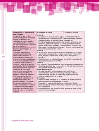 Planificación: El desarrollo de    Actividades de cierre                Duración: 4 sesiones
      las actividades
                                         Sesión 5
      Es importante que en las
                                         •  Se propone al grupo escuchar alguna audición en donde se
      actividades de cierre el docente
                                            utilicen sonidos cotidianos para la creación sonora y comentar
      propicie un ambiente de
                                            si a esa creación se le puede llamar música o no.
      cordialidad y respeto para la
                                         •  Se pide al grupo que lleve diferentes objetos sonoros de uso
      presentación de las creaciones,
                                            cotidiano, y en clase explorar su sonido, por diferencias de
      que será una actividad constante
                                            timbre, intensidad, altura etc. Posteriormente, dirigidos por
      a lo largo del curso.
                                            el profesor ejecutan algunos patrones rítmicos combinando las
      Recomendaciones para la               diferentes cualidades del sonido.
      evaluación                         Sesión 6
      El profesor puede buscar           •  Se pide a los alumnos que se imaginen y expresen la forma en
      elementos que le permitan             que sonarían los siguientes sonidos: zumbeante, tintineante,
      observar en qué medida el             sordo, rasposo, retumbante, burbujeante, chasqueante,
160   alumno reconoce diferencias           etcétera.
      sonoras en los distintos paisajes, •  Posteriormente se pide que busque formas de representación
      es decir, si percibe diferencias      que puedan expresar los sonidos.
      en torno al espacio (amplio,       Sesión 7
      estrecho); observar si percibe     •  En consenso, los equipos construyen secuencias sonoras con los
      las cualidades del sonido (altura,    sonidos propuestos, que se pueden o no integrar a un cuento, a
      duración y timbre) al describir       una melodía instrumental o vocal.
      los sonidos de los objetos         Sesión 8 Apreciación
      sonoros. La presentación de        •  Se presentan a los asistentes (alumnos, profesores o
      sus creaciones constituye un          comunidad) las creaciones sonoras y comentan sobre la
      elemento para poder observar          experiencia del proceso de creación y la percepción que
      la forma en que el alumno             tuvieron los asistentes de la obra.
      ha organizado e interpreta la      Evaluación
      abstracción que hace de la         •  Los estudiantes entregan en su cuaderno las diversas formas
      realidad cotidiana y su forma         que inventaron para representar el sonido.
      de representarla; al mismo         •  Presentan el trabajo que realizaron en conjunto donde
      tiempo, las creaciones permiten       plasmaron con diversos materiales el ambiente sonoro que les
      la valoración de cómo llega a         tocó representar.
      acuerdos y concilia diferentes     •  Presentarán ante sus compañeros las secuencias sonoras que
      puntos de vista en un trabajo         construyeron en equipo.
      en grupo.




      Programas de estudio 2011
 