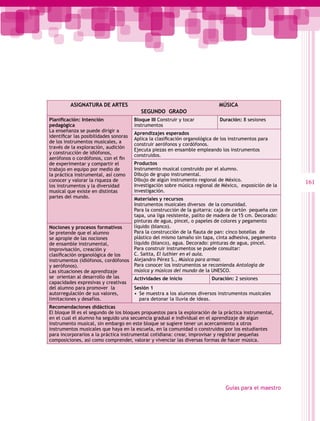 ASIGNATURA DE ARTES                                                 MÚSICA
                                           SEGUNDO GRADO
Planificación: Intención                Bloque III Construir y tocar           Duración: 8 sesiones
pedagógica                              instrumentos
La enseñanza se puede dirigir a
                                        Aprendizajes esperados
identificar las posibilidades sonoras
                                        Aplica la clasificación organológica de los instrumentos para
de los instrumentos musicales, a
                                        construir aerófonos y cordófonos.
través de la exploración, audición
                                        Ejecuta piezas en ensamble empleando los instrumentos
y construcción de idiófonos,
                                        construidos.
aerófonos o cordófonos, con el fin
de experimentar y compartir el          Productos
trabajo en equipo por medio de          Instrumento musical construido por el alumno.
la práctica instrumental, así como      Dibujo de grupo instrumental.
conocer y valorar la riqueza de         Dibujo de algún instrumento regional de México.
                                        Investigación sobre música regional de México, exposición de la
                                                                                                          161
los instrumentos y la diversidad
musical que existe en distintas         investigación.
partes del mundo.                       Materiales y recursos
                                        Instrumentos musicales diversos de la comunidad.
                                        Para la construcción de la guitarra: caja de cartón pequeña con
                                        tapa, una liga resistente, palito de madera de 15 cm. Decorado:
                                        pinturas de agua, pincel, o papeles de colores y pegamento
Nociones y procesos formativos          líquido (blanco).
Se pretende que el alumno               Para la construcción de la flauta de pan: cinco botellas  de
se apropie de las nociones              plástico del mismo tamaño sin tapa, cinta adhesiva, pegamento
de ensamble instrumental,               líquido (blanco), agua. Decorado: pinturas de agua, pincel.
improvisación, creación y               Para construir instrumentos se puede consultar:
clasificación organológica de los       C. Saitta, El luthier en el aula.
instrumentos (idiófonos, cordófonos     Alejandro Pérez S., Música para armar.
y aerófonos).                           Para conocer los instrumentos se recomienda Antología de
Las situaciones de aprendizaje          música y músicos del mundo de la UNESCO.
se orientan al desarrollo de las        Actividades de inicio              Duración: 2 sesiones
capacidades expresivas y creativas
del alumno para promover la             Sesión 1
autorregulación de sus valores,         •  Se muestra a los alumnos diversos instrumentos musicales
limitaciones y desafíos.                   para detonar la lluvia de ideas.
Recomendaciones didácticas
El bloque III es el segundo de los bloques propuestos para la exploración de la práctica instrumental,
en el cual el alumno ha seguido una secuencia gradual e individual en el aprendizaje de algún
instrumento musical, sin embargo en este bloque se sugiere tener un acercamiento a otros
instrumentos musicales que haya en la escuela, en la comunidad o construidos por los estudiantes
para incorporarlos a la práctica instrumental cotidiana: crear, improvisar y registrar pequeñas
composiciones, así como comprender, valorar y vivenciar las diversas formas de hacer música.




                                                                                 Guías para el maestro
 