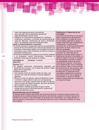 -- ¿Han visto algunos de estos instrumentos?                Planificación: El desarrollo de las
        -- ¿Con que qué criterios podríamos agruparlos?             actividades
        -- ¿Qué posibilidades sonoras tiene?                        La práctica instrumental es un proceso
       •  Clasificar los instrumentos propuestos en: idiófonos,     largo y gradual que se desarrolla de
          cordófonos y aerófonos, y recordar las características de forma cotidiana a lo largo del curso;
          cada uno. Recordar clasificación de Sachs y Hornbostel:   las actividades sugeridas se dirigen a
          http://es.wikipedia.org/wiki/Hornbostel-Sachs             integrar elementos que complementan
       Sesión 2 Contextualización y expresión                       la exploración, conocimiento y
                                                                    valoración de las diversas posibilidades
       •	 e divide al grupo en equipo para explorar las posibilidades
         S
         sonoras de los instrumentos que serán proporcionados por   que existen de hacer música en las
         el profesor. Cada equipo asigna a un encargado de tocar el distintas sociedades.
         instrumento nuevo. Para la elección se toma en cuenta su   Las actividades de inicio se orientan
         capacidad interpretativa.                                  a retomar los contenidos que se
       •	 e retoman melodías de la práctica instrumental cotidiana
         S                                                          abordaron en primer grado, bloque IV
162      y se incorporan nuevos instrumentos. Comentan la           Clasificación de Sachs y Hornbostel, en
         sensación sonora que les produce el cambio.                donde se exploró la forma de clasificar
                                                                    los instrumentos musicales y explorar
       Actividades de        Duración: 3 sesiones
                                                                    las posibilidades sonoras de nuevos
       desarrollo
                                                                    instrumentos musicales. Como parte
       Sesiones 3 y 4                                               de los objetivos del curso se pretende
       •	 n equipos construirán instrumentos musicales con que el alumno valore y viva el proceso
        E
        materiales de reciclaje, con el apoyo del profesor. Eligen de construcción de instrumentos, para
        alguno de los siguientes:                                   lo cual se proponen las actividades
       Cordófono guitarra                                           de desarrollo. El desarrollo de las
       •  Una caja de cartón de tamaño medio con tapa, que          actividades complementa la práctica
          servirá como caja de resonancia (caja de zapatos o        instrumental en la cual se aborda el
          galletas).                                                conocimiento y uso de la notación
       •  Decorar la caja con dibujos, papel de diferentes clases   musical convencional que se desarrolla
          o recortes. Luego rodear la caja con una liga gruesa      a lo largo del bloque.
          para que no se rompa. Colocar entre la caja y la liga una
          rama o un palo de madera acostado, que sirva de puente
          para levantar un poco la cuerda.
       •  Para producir melodías se puntea la liga al mismo
          tiempo que se pisa en diferentes partes, produciendo
          sonidos de diferente altura.
       Recomendaciones para la evaluación
       El docente puede recabar información que le permita observar la forma en que el alumno se ha
       apropiado de los conceptos básicos de la práctica instrumental cuando se le solicite ejecutar los
       sonidos con la rítmica y valor adecuados, de acuerdo con su instrumento, los cuales utilizará no
       sólo al ejecutar su instrumento, si no al ponerle como reto crear e improvisar melodías con otros
       instrumentos.




      Programas de estudio 2011
 