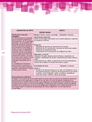ASIGNATURA DE ARTES                                                  MÚSICA
                                                  TERCER GRADO
      Planificación: Intención             Bloque V Sonido, música, tecnología     Duración: 9 sesiones
      pedagógica
                                           Aprendizajes esperados
      Con esta secuencia se pretende
                                           Utiliza la tecnología relacionada con el sonido (aparatos y soportes)
      que el alumnado comprenda el
                                           en proyectos creativos.
      funcionamiento de la tecnología
      del sonido, con el propósito de
      desarrollar proyectos creativos y    Productos
      valorar las diversas profesiones     -- Búsqueda de aparatos de reproducción de sonido.
      que relacionan la tecnología, el     -- Aplicación de un cuestionario a personas de diferentes edades.
      sonido y el arte. El aprendizaje     -- Grabación de cápsula de radio.
      se puede orientar a reflexionar      -- Presentación de la sonorización de imágenes de video.
164   acerca del uso de la tecnología
      y de los medios electrónicos de      Materiales y recursos
      comunicación masiva, con el fin      Grabadora de audio, objetos sonoros diversos, reproductor de
      de conocer, hacer juicios críticos   imágenes, amplificador de sonido, reproductores de audio nuevos y
      y usar de forma consciente la        viejos.
      tecnología relacionada con el        Arthur Efland et al. (2003), La educación en el arte postmoderno.
      sonido.                              Julieta Fierro (2003), Los sonidos de nuestro mundo.
      La enseñanza se encamina a
      que el alumno se reconozca a
                                           Actividades de inicio                    Duración: 3 sesiones
      sí mismo como sujeto capaz de
      aprender creativamente, innovar      Sesión 1
      y hacer juicios críticos.            •  Se pide a los alumnos busque en su casa, con familiares y en su
                                              comunidad elementos o aparatos de almacenamiento de música
                                              y sonidos, como fonógrafos, radios, tocadiscos, grabadoras,
                                              cintas de carrete, cilindros, discos de acetato.
      Recomendaciones didácticas
      El bloque V es el último del tercer grado donde el alumno pone en práctica los diferentes elementos
      artísticos que se han explorado a lo largo de los tres años, así como los saberes cotidianos de su
      interacción con el modelo cultural actual, para integrarlos a la comprensión de la dinámica social de
      la industria de la música y el uso de la tecnología. Es importante que el profesor retome los saberes
      cotidianos de los alumnos en el uso de la tecnología para conjugarlos con su propia experiencia y de
      esta manera lograr un ambiente de aprendizaje de mutua cooperación, rico en experiencias
      y creatividad.




      Programas de estudio 2011
 