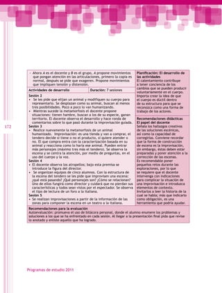 -- Ahora A es el docente y B es el grupo, A propone movimientos       Planificación: El desarrollo de
          que pongan atención en las articulaciones, primero la copia es     las actividades
          normal, después se pide que exageren. Propone movimientos          El calentamiento contribuye
          que impliquen tensión y distensión.                                a tener conciencia de los
                                                                             cambios que se pueden producir
      Actividades de desarrollo               Duración: 7 sesiones
                                                                             voluntariamente en el cuerpo.
      Sesión 2	                                                              Importa crear la idea de que
      •  Se les pide que elijan un animal y modifiquen su cuerpo para        el cuerpo es dúctil dentro
         representarlo. Se desplazan como su animal, buscan al menos         de su estructura para que se
         tres posibilidades. Poco a poco lo van humanizando.                 reconozca como una forma de
      •  Mientras sucede la metamorfosis el docente propone                  trabajo de los actores.
         situaciones: tienen hambre, buscan a los de su especie, ganan
         territorio. El docente observa el desarrollo y hace ronda de        Recomendaciones didácticas
         comentarios sobre lo que pasó durante la improvisación guiada.      El papel del docente
172   Sesión 3                                                               Señala los hallazgos creativos
      •  Realice nuevamente la metamorfosis de un animal                     de las soluciones escénicas,
         humanizado. Improvisación: es una tienda y van a comprar, el        así como la capacidad de
         tendero decide si tiene o no el producto, si quiere atender o       corregirlas. Conviene recordar
         no. El que compra entra con la caracterización basada en su         que la forma de construcción
         animal y reacciona como lo haría ese animal. Pueden entrar          de escena es la improvisación,
         más personajes (máximo tres más el tendero). Se observa la          sin embargo, éstas deben estar
         escena y se centra la atención, por medio de preguntas, en el       preparadas y poner atención a la
         uso del cuerpo y la voz.                                            corrección de las escenas.
      Sesión 4                                                               Es recomendable poner
      •  El docente observa los atropellos; bajo esta premisa se             pequeños retos durante las
         introduce la figura del director.                                   exploraciones, por lo que
      •  Se organizan equipos de cinco alumnos. Con la estructura de         se requiere que el docente
         la escena del tendero se les pide que improvisen una escena:        intervenga con indicaciones
         ¿qué está pasando? ¿Qué personajes son? ¿Cómo se relacionan?        para complicar la situación de
         Uno de ellos fungirá como director y cuidará que no pierdan sus     una improvisación e introduzca
         características y todos sean vistos por el espectador. Se observa   elementos de contexto.
         el tipo de lectura de un foro a la italiana.                        Invitarlos a leer la historia de la
      Sesión 5                                                               cual se habla; más que indicarlo
      •  Se realizan improvisaciones a partir de la información de las       como obligación, es una
         zonas para componer la escena en un teatro a la italiana.           herramienta que podría ayudar.
      Recomendaciones para la evaluación
      Autoevaluación: promueva el uso de bitácora personal, donde el alumno enumere los problemas y
      soluciones a los que se ha enfrentado en cada sesión. Al llegar a la presentación final pida que revise
      lo anotado y enliste aquello que ha logrado.




      Programas de estudio 2011
 