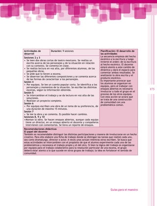 Actividades de          Duración: 9 sesiones                          Planificación: El desarrollo de
desarroll                                                             las actividades
                                                                      La secuencia empieza del hecho
Sesiones 2 y 3
                                                                      escénico a la escritura y luego
•  Se leen dos obras cortas de teatro mexicano. Se realiza un
                                                                      invierte el orden: de la escritura
   escrito acerca de los personajes y de la situación en relación
                                                                      al hecho escénico. El docente
   con su contexto. Se comenta en clase.
                                                                      estará atento a este cambio de
•  Se realiza lectura en voz alta, por diferentes alumnos, de las
                                                                      dinámica y dará el espacio para
   pequeñas obras.
                                                                      comentar ambos resultados. Se
•  Se pide que lo lleven a escena.
                                                                      analizarán la obra escrita y el
•  Se observan las diferentes composiciones y se comenta acerca
                                                                      producto escénico.
   de las formas de caracterizar a los personajes.
                                                                      Es importante provocar que
Sesión 4
                                                                      los alumnos se organicen en
•  Por equipos. Se lee un cuento popular corto. Se identifica a los
                                                                      equipos, pero al trabajar con
   personajes y momentos de la situación. Se escribe las distintas
   escenas, según la información obtenida.
                                                                      ensayos abiertos es necesario        175
                                                                      involucrar a todo el grupo en el
Sesión 5
                                                                      proceso de los otros equipos.
•  Se intercambian el trabajo y se da lectura en voz alta de las
                                                                      Con esta acción se aclara que
   soluciones.
                                                                      se trata de una construcción
•  Realizan un proyecto completo.
                                                                      de comunidad con una
Sesión 6
                                                                      problemática común.
•  Por equipos escriben una obra de un tema de su preferencia, de
   una duración de máximo 15 minutos.
Sesión 7
•  Se lee la obra y se comenta. Es posible hacer cambios.
Sesiones 8, 9 y 10
•	 ontan la obra. Se hacen ensayos abiertos, aunque cada equipo
 M
 tiene un director, en un ensayo abierto el docente y compañeros
 intervienen con comentarios. Se lleva un reporte de ensayos.
Recomendaciones didácticas
El papel del docente
También es recomendable distinguir las distintas participaciones y manera de involucrarse en un hecho
creativo. Para ello elabore una ficha de trabajo donde se distingan las tareas que realizó cada uno,
sea como dramaturgo, director o actor. A veces unos actúan mientras otros escriben. Se busca que
estas actividades se intercambien con el propósito de que el alumno experimente cada una de las
problemáticas y reconozca el trabajo propio y el del otro. Si bien la lógica del trabajo es organizarse
por equipos para el trabajo colaborativo para la resolución particular de una escena, el grupo
deberá estar atento a lo que sucede en otros grupos de trabajo; la idea es fortalecer el sentido de
comunidad.




                                                                               Guías para el maestro
 