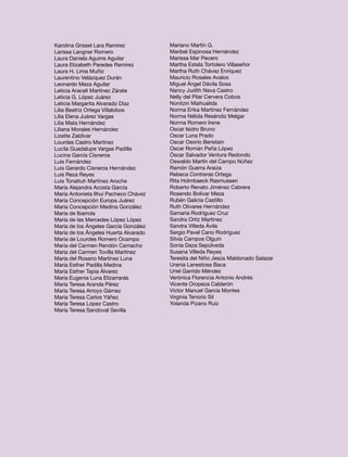 Karolina Grissel Lara Ramírez          Mariano Martín G.
Larissa Langner Romero                 Maribel Espinosa Hernández
Laura Daniela Aguirre Aguilar          Marissa Mar Pecero
Laura Elizabeth Paredes Ramírez        Martha Estela Tortolero Villaseñor
Laura H. Lima Muñiz                    Martha Ruth Chávez Enríquez
Laurentino Velázquez Durán             Mauricio Rosales Avalos
Leonardo Meza Aguilar                  Miguel Ángel Dávila Sosa
Leticia Araceli Martínez Zárate        Nancy Judith Nava Castro
Leticia G. López Juárez                Nelly del Pilar Cervera Cobos
Leticia Margarita Alvarado Díaz        Nonitzin Maihualida
Lilia Beatriz Ortega Villalobos        Norma Erika Martínez Fernández
Lilia Elena Juárez Vargas              Norma Nélida Reséndiz Melgar
Lilia Mata Hernández                   Norma Romero Irene
Liliana Morales Hernández              Oscar Isidro Bruno
Lizette Zaldívar                       Oscar Luna Prado
Lourdes Castro Martínez                Oscar Osorio Beristain
Lucila Guadalupe Vargas Padilla        Oscar Román Peña López
Lucina García Cisneros                 Óscar Salvador Ventura Redondo
Luis Fernández                         Oswaldo Martín del Campo Núñez
Luis Gerardo Cisneros Hernández        Ramón Guerra Araiza
Luis Reza Reyes                        Rebeca Contreras Ortega
Luis Tonatiuh Martínez Aroche          Rita Holmbaeck Rasmussen
María Alejandra Acosta García          Roberto Renato Jiménez Cabrera
María Antonieta Ilhui Pacheco Chávez   Rosendo Bolivar Meza
María Concepción Europa Juárez         Rubén Galicia Castillo
María Concepción Medina González       Ruth Olivares Hernández
María de Ibarrola                      Samaria Rodríguez Cruz
María de las Mercedes López López      Sandra Ortiz Martínez
María de los Ángeles García González   Sandra Villeda Ávila
María de los Ángeles Huerta Alvarado   Sergio Pavel Cano Rodríguez
María de Lourdes Romero Ocampo         Silvia Campos Olguín
María del Carmen Rendón Camacho        Sonia Daza Sepúlveda
María del Carmen Tovilla Martínez      Susana Villeda Reyes
María del Rosario Martínez Luna        Teresita del Niño Jesús Maldonado Salazar
María Esther Padilla Medina            Urania Lanestosa Baca
María Esther Tapia Álvarez             Uriel Garrido Méndez
María Eugenia Luna Elizarrarás         Verónica Florencia Antonio Andrés
María Teresa Aranda Pérez              Vicente Oropeza Calderón
María Teresa Arroyo Gámez              Víctor Manuel García Montes
María Teresa Carlos Yáñez              Virginia Tenorio Sil
María Teresa López Castro              Yolanda Pizano Ruiz
María Teresa Sandoval Sevilla
 
