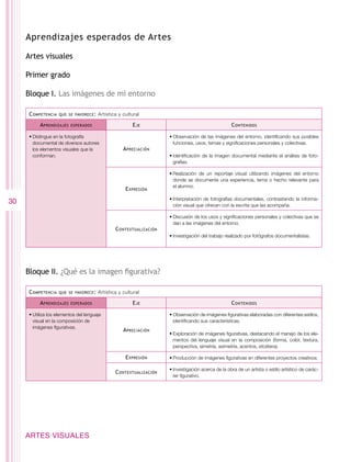 Aprendizajes esperados de Artes

     Artes visuales

     Primer grado

     Bloque I. Las imágenes de mi entorno

      C ompetencia   que se favorece :   Artística y cultural

           A prendizajes   esperados                     E je                                        C ontenidos

      •	Distingue en la fotografía                                    •	Observación de las imágenes del entorno, identificando sus posibles
        documental de diversos autores                                  funciones, usos, temas y significaciones personales y colectivas.
        los elementos visuales que la                A preciación
        conforman.                                                    •	Identificación de la imagen documental mediante el análisis de foto-
                                                                        grafías.

                                                                      •	Realización de un reportaje visual utilizando imágenes del entorno
                                                                        donde se documente una experiencia, tema o hecho relevante para
                                                                        el alumno.
                                                      E xpresión
                                                                      •	Interpretación de fotografías documentales, contrastando la informa-
30                                                                      ción visual que ofrecen con la escrita que las acompaña.

                                                                      •	Discusión de los usos y significaciones personales y colectivas que se
                                                                        dan a las imágenes del entorno.
                                                 C ontextualización
                                                                      •	Investigación del trabajo realizado por fotógrafos documentalistas.




     Bloque II. ¿Qué es la imagen figurativa?

      C ompetencia   que se favorece :   Artística y cultural

           A prendizajes   esperados                     E je                                        C ontenidos

      •	Utiliza los elementos del lenguaje                            •	Observación de imágenes figurativas elaboradas con diferentes estilos,
        visual en la composición de                                     identificando sus características.
        imágenes figurativas.
                                                     A preciación
                                                                      •	Exploración de imágenes figurativas, destacando el manejo de los ele-
                                                                        mentos del lenguaje visual en la composición (forma, color, textura,
                                                                        perspectiva, simetría, asimetría, acentos, etcétera).

                                                      E xpresión      •	Producción de imágenes figurativas en diferentes proyectos creativos.

                                                                      •	Investigación acerca de la obra de un artista o estilo artístico de carác-
                                                 C ontextualización
                                                                        ter figurativo.




     ARTES VISUALES
 