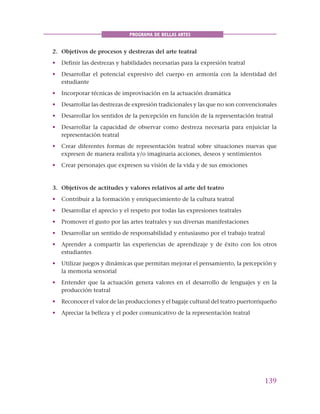 139
PROGRAMA DE BELLAS ARTES
2. Objetivos de procesos y destrezas del arte teatral
• Definir las destrezas y habilidades necesarias para la expresión teatral
• Desarrollar el potencial expresivo del cuerpo en armonía con la identidad del
estudiante
• Incorporar técnicas de improvisación en la actuación dramática
• Desarrollar las destrezas de expresión tradicionales y las que no son convencionales
• Desarrollar los sentidos de la percepción en función de la representación teatral
• Desarrollar la capacidad de observar como destreza necesaria para enjuiciar la
representación teatral
• Crear diferentes formas de representación teatral sobre situaciones nuevas que
expresen de manera realista y/o imaginaria acciones, deseos y sentimientos
• Crear personajes que expresen su visión de la vida y de sus emociones
3. Objetivos de actitudes y valores relativos al arte del teatro
• Contribuir a la formación y enriquecimiento de la cultura teatral
• Desarrollar el aprecio y el respeto por todas las expresiones teatrales
• Promover el gusto por las artes teatrales y sus diversas manifestaciones
• Desarrollar un sentido de responsabilidad y entusiasmo por el trabajo teatral
• Aprender a compartir las experiencias de aprendizaje y de éxito con los otros
estudiantes
• Utilizar juegos y dinámicas que permitan mejorar el pensamiento, la percepción y
la memoria sensorial
• Entender que la actuación genera valores en el desarrollo de lenguajes y en la
producción teatral
• Reconocer el valor de las producciones y el bagaje cultural del teatro puertorriqueño
• Apreciar la belleza y el poder comunicativo de la representación teatral
 