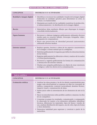 172
INSTITUTO NACIONAL PARA EL DESARROLLO CURRICULAR
CONCEPTOS DESTREZAS Y/O ACTIVIDADES
Realidad o imagen digital • Identificar y reconocer las cualidades visuales de la imagen digital
traducidas en unidades (pixeles) para determinar su color, su
textura y su luminosidad.
• Manipular por medio de las cualidades numéricas la producción,
el almacenamiento y la distribución de la imagen digital.
Boceto • Materializar ideas mediante dibujos que dispongan la imagen
concebida intelectualmente.
Figura humana • Reconocer y elaborar imágenes gráficamente utilizando diversos
medios para su creación (dibujo, fotocopia, fotografía, vídeo,
programas de computadora).
• Hacer una proyección de identidad personal (autorretrato)
utilizando diversos medios.
Entorno natural • Realizar apuntes, bocetos u obras de los aspectos característicos
de la imagen o forma natural que la configuran.
• Sintetizar gráficamente el esquema que define la estructura interna
de las formas.
• Registrar gráficamente los diferentes colores y matices de los suelos
y la flora puertorriqueña.
• Reconocer y registrar gráficamente las formas de contaminación
y destrucción del entorno natural.
• Diseñar una campaña publicitaria con objeto de crear conciencia
ecológica y sobre los efectos de la contaminación.
Juicio estético
CONCEPTOS DESTREZAS Y/O ACTIVIDADES
Evaluación estética • Analizar las obras propias y las de los demás examinándolas para
juzgar cuán efectivamente se expresan en ellas los conceptos de
estética, composición, contexto sociocultural, dominio técnico,
impacto visual y comunicación de ideas.
• Emitir juicio sobre la interrelación de los elementos de arte en la
obra.
• Hacer recomendaciones sobre posibles cambios o mejoras a la obra
de un compañero.
• Comentar en grupo los resultados, comunicando y comparando
lo observado en cuanto a los elementos utilizados; identificar
técnicas, diferenciar los materiales, tipos de líneas y modos de
uso, analizar distribución del espacio, uso de color, tipos de forma
y otros elementos.
• Demostrar habilidad para superarse y construir a partir de la
autocrítica.
 