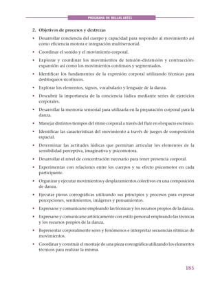 185
PROGRAMA DE BELLAS ARTES
2. Objetivos de procesos y destrezas
• Desarrollar conciencia del cuerpo y capacidad para responder al movimiento así
como eficiencia motora e integración multisensorial.
• Coordinar el sonido y el movimiento corporal.
• Explorar y coordinar los movimientos de tensión-distensión y contracción-
expansión así como los movimientos continuos y segmentados.
• Identificar los fundamentos de la expresión corporal utilizando técnicas para
desbloqueos sicofísicos.
• Explorar los elementos, signos, vocabulario y lenguaje de la danza.
• Descubrir la importancia de la conciencia lúdica mediante series de ejercicios
corporales.
• Desarrollar la memoria sensorial para utilizarla en la preparación corporal para la
danza.
• Manejar distintos tiempos del ritmo corporal a través del fluir en el espacio escénico.
• Identificar las características del movimiento a través de juegos de composición
espacial.
• Determinar las actitudes lúdicas que permitan articular los elementos de la
sensibilidad perceptiva, imaginativa y psicomotora.
• Desarrollar el nivel de concentración necesario para tener presencia corporal.
• Experimentar con relaciones entre los cuerpos y su efecto psicomotor en cada
participante.
• Organizar y ejecutar movimientos y desplazamientos colectivos en una composición
de danza.
• Ejecutar piezas coreográficas utilizando sus principios y procesos para expresar
percepciones, sentimientos, imágenes y pensamientos.
• Expresarse y comunicarse empleando las técnicas y los recursos propios de la danza.
• Expresarse y comunicarse artísticamente con estilo personal empleando las técnicas
y los recursos propios de la danza.
• Representar corporalmente seres y fenómenos e interpretar secuencias rítmicas de
movimientos.
• Coordinar y construir el montaje de una pieza coreográfica utilizando los elementos
técnicos para realizar la misma.
 