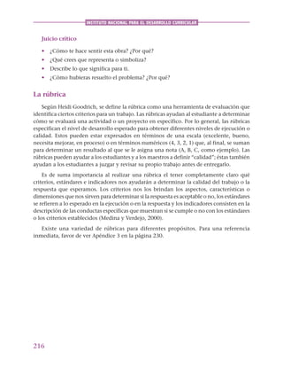 216
INSTITUTO NACIONAL PARA EL DESARROLLO CURRICULAR
Juicio crítico
• ¿Cómo te hace sentir esta obra? ¿Por qué?
• ¿Qué crees que representa o simboliza?
• Describe lo que significa para ti.
• ¿Cómo hubieras resuelto el problema? ¿Por qué?
La rúbrica
Según Heidi Goodrich, se define la rúbrica como una herramienta de evaluación que
identifica ciertos criterios para un trabajo. Las rúbricas ayudan al estudiante a determinar
cómo se evaluará una actividad o un proyecto en específico. Por lo general, las rúbricas
especifican el nivel de desarrollo esperado para obtener diferentes niveles de ejecución o
calidad. Estos pueden estar expresados en términos de una escala (excelente, bueno,
necesita mejorar, en proceso) o en términos numéricos (4, 3, 2, 1) que, al final, se suman
para determinar un resultado al que se le asigna una nota (A, B, C, como ejemplo). Las
rúbricas pueden ayudar a los estudiantes y a los maestros a definir “calidad”; éstas también
ayudan a los estudiantes a juzgar y revisar su propio trabajo antes de entregarlo.
Es de suma importancia al realizar una rúbrica el tener completamente claro qué
criterios, estándares e indicadores nos ayudarán a determinar la calidad del trabajo o la
respuesta que esperamos. Los criterios nos los brindan los aspectos, características o
dimensiones que nos sirven para determinar si la respuesta es aceptable o no, los estándares
se refieren a lo esperado en la ejecución o en la respuesta y los indicadores consisten en la
descripción de las conductas específicas que muestran si se cumple o no con los estándares
o los criterios establecidos (Medina y Verdejo, 2000).
Existe una variedad de rúbricas para diferentes propósitos. Para una referencia
inmediata, favor de ver Apéndice 3 en la página 230.
 
