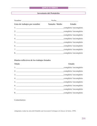 231
EJEMPLOS DE RÚBRICAS
Inventario del Portafolio
Nombre ________________________________ Fecha________________________
Lista de trabajos por nombre Tamaño Medio Estado
1. ____________________________________________________completo/ incompleto
2. ____________________________________________________completo/ incompleto
3. ____________________________________________________completo/ incompleto
4. ____________________________________________________completo/ incompleto
5. ____________________________________________________completo/ incompleto
6. ____________________________________________________completo/ incompleto
7. ____________________________________________________completo/ incompleto
8. ____________________________________________________completo/ incompleto
Diarios reflexivos de los trabajos listados
Título Estado
1. ____________________________________________________completo/ incompleto
2. ____________________________________________________completo/ incompleto
3. ____________________________________________________completo/ incompleto
4. ____________________________________________________completo/ incompleto
5. ____________________________________________________completo/ incompleto
6. ____________________________________________________completo/ incompleto
7. ____________________________________________________completo/ incompleto
8. ____________________________________________________completo/ incompleto
Comentarios:
(Adaptada a todas las artes del Portafolio and Assessment Techniques de Glencoe Art Series, 1999).
 