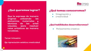 ¿Qué queremos lograr? ¿Qué temas conoceremos?
Tercer trimestre
Eje: Apreciación estética creatividad
Que te expreses de manera
original utilizando los
elementos, materiales y
técnicas de las artes
visuales, para resolver
retos artísticos de manera
novedosa.
● Imaginación y
● creatividad
● Pensamiento creativo
¿Qué habilidades desarrollaremos?
 