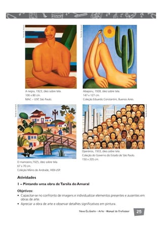 Atividades 
1 – Pintando uma obra de Tarsila do Amaral 
Objetivos: 
• Capacitar-se no confronto de imagens e individualizar elementos presentes e ausentes em 
obras de arte. 
• Apreciar a obra de arte e observar detalhes significativos em pintura. 
Novo Eu Gosto – Arte • Manual do Professor  
A negra, 1923, óleo sobre tela. 
100 x 80 cm. 
MAC – USP, São Paulo. 
Abaporu, 1928, óleo sobre tela. 
147 x 127 cm. 
Coleção Eduardo Constantini, Buenos Aires. 
O mamoeiro,1925, óleo sobre tela. 
67 x 70 cm. 
Coleção Mário de Andrade, HEB-USP. 
Operários, 1933, óleo sobre tela. 
Coleção do Governo do Estado de São Paulo. 
150 x 205 cm. 
Tarsila do Amaral 
Tarsila do Amaral 
Tarsila do Amaral 
Tarsila do Amaral 
 