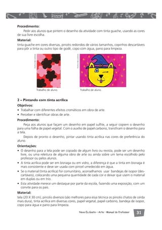 Acervo das autoras 
Trabalho de aluno. Trabalho de aluno. 
Novo Eu Gosto – Arte • Manual do Professor  
Procedimento: 
Pedir aos alunos que pintem o desenho da atividade com tinta guache, usando as cores 
de sua livre escolha. 
Material: 
tinta guache em cores diversas, pincéis redondos de vários tamanhos, copinhos descartáveis 
para pôr a tinta ou outro tipo de godê, copo com água, pano para limpeza. 
Acervo das autoras 
2 – Pintando com tinta acrílica 
Objetivos: 
• Trabalhar com diferentes efeitos cromáticos em obra de arte. 
• Perceber e identificar obras de arte. 
Procedimento: 
Peça aos alunos que façam um desenho em papel sulfite, a seguir copiem o desenho 
para uma folha de papel vegetal. Com o auxílio de papel carbono, transfiram o desenho para 
a tela. 
Depois de pronto o desenho, pintar usando tinta acrílica nas cores de preferência do 
aluno. 
Orientações: 
• O desenho para a tela pode ser copiado de algum livro ou revista, pode ser um desenho 
livre, ou uma releitura de alguma obra de arte ou ainda sobre um tema escolhido pelo 
professor ou pelos alunos. 
• A tinta acrílica pode ser em bisnaga ou em vidro, a diferença é que a tinta em bisnaga é 
mais consistente e deve ser usada com pincel umedecido em água. 
• Se o material (tinta acrílica) for comunitário, aconselhamos usar bandejas de isopor (des-cartáveis), 
colocando uma pequena quantidade de cada cor e deixar que usem o material 
em duplas ou em trio. 
• Esta atividade merece um destaque por parte da escola, fazendo uma exposição, com um 
convite para os pais. 
Material: 
tela (20 X 30 cm), pincéis diversos (são melhores para essa técnica os pincéis chatos de cerda 
mais dura), tinta acrílica em diversas cores, papel vegetal, papel carbono, bandeja de isopor, 
copo para água e pano para limpeza. 
 