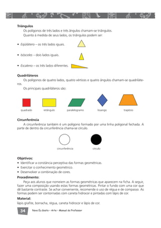 Triângulos 
Os polígonos de três lados e três ângulos chamam-se triângulos. 
Quanto à medida de seus lados, os triângulos podem ser: 
• Eqüilátero – os três lados iguais. 
• Isósceles – dois lados iguais. 
• Escaleno – os três lados diferentes. 
Quadriláteros 
Os polígonos de quatro lados, quatro vértices e quatro ângulos chamam-se quadriláte-ros. 
Os principais quadriláteros são: 
quadrado retângulo paralelogramo losango trapézio 
Circunferência 
A circunferência também é um polígono formado por uma linha poligonal fechada. A 
parte de dentro da circunferência chama-se círculo. 
circunferência círculo 
Objetivos: 
• Identificar a constância perceptiva das formas geométricas. 
• Exercitar o conhecimento geométrico. 
• Desenvolver a combinação de cores. 
Procedimento: 
Peça aos alunos que nomeiem as formas geométricas que aparecem na ficha. A seguir, 
fazer uma composição usando estas formas geométricas. Pintar o fundo com uma cor que 
dê bastante contraste. Se achar conveniente, recomende o uso de régua e de compasso. As 
formas podem ser contornadas com caneta hidrocor e pintadas com lápis de cor. 
Material: 
lápis grafite, borracha, régua, caneta hidrocor e lápis de cor. 
 Novo Eu Gosto – Arte • Manual do Professor 
 