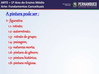 ARTE – 1º Ano do Ensino Médio
Arte: Fundamentos Conceituais
A pintura pode ser :
1- figurativa
1.1- retrato;
1.2- autorretrato;
1.3- retrato de grupo;
1.4- paisagem;
1.5- natureza morta;
1.6- pintura de gênero;
1.7- pintura histórica;
1.8- pintura religiosa.
 