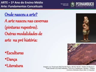 Onde nasceu a arte?
A arte nasceu nas cavernas
(pinturas rupestres).
Outras modalidades de
arte na pré história:
•Esculturas
•Dança
•Literatura
ARTE – 1º Ano do Ensino Médio
Arte: Fundamentos Conceituais
Imagens: (a) Chupícuaro Style Female Figure, 300 AC-100 DC / Walters Art Museum /
Public Domain e (b) Hans Hillewaert / rock art at Twyfelfontein, Namibia / Creative
Commons Attribution-Share Alike 3.0 Unported.
 