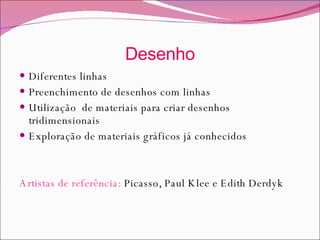 Desenho Diferentes linhas Preenchimento de desenhos com linhas Utilização  de materiais para criar desenhos tridimensionais Exploração de materiais gráficos já conhecidos Artistas de referência:  Picasso, Paul Klee e Edith Derdyk 