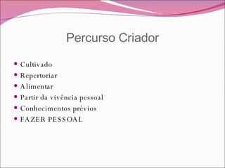 Percurso Criador Cultivado Repertoriar Alimentar Partir da vivência pessoal Conhecimentos prévios FAZER PESSOAL 