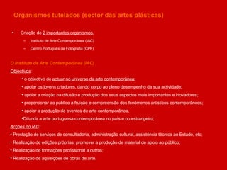 Organismos tutelados (sector das artes plásticas) Criação de  2 importantes organismos ,  Instituto de Arte Contemporânea (IAC)  Centro Português de Fotografia (CPF) O Instituto de Arte Contemporânea (IAC) Objectivos : o objectivo de  actuar no universo da arte contemporânea ;  apoiar os jovens criadores, dando corpo ao pleno desempenho da sua actividade;  apoiar a criação na difusão e produção dos seus aspectos mais importantes e inovadores;  proporcionar ao público a fruição e compreensão dos fenómenos artísticos contemporâneos; apoiar a produção de eventos de arte contemporânea, Difundir a arte portuguesa contemporânea no país e no estrangeiro; Acções do IAC : Prestação de serviços de consultadoria, administração cultural, assistência técnica ao Estado, etc; Realização de edições próprias, promover a produção de material de apoio ao público; Realização de formações profissional a outros; Realização de aquisições de obras de arte. 