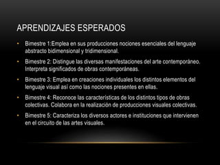 APRENDIZAJES ESPERADOS
• Bimestre 1:Emplea en sus producciones nociones esenciales del lenguaje
abstracto bidimensional y tridimensional.
• Bimestre 2: Distingue las diversas manifestaciones del arte contemporáneo.
Interpreta significados de obras contemporáneas.
• Bimestre 3: Emplea en creaciones individuales los distintos elementos del
lenguaje visual así como las nociones presentes en ellas.
• Bimestre 4: Reconoce las características de los distintos tipos de obras
colectivas. Colabora en la realización de producciones visuales colectivas.
• Bimestre 5: Caracteriza los diversos actores e instituciones que intervienen
en el circuito de las artes visuales.
 