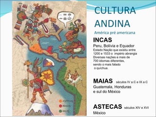 CULTURA  ANDINA América pré americana INCAS  Peru, Bolívia e Equador Estado Nação que existiu entre 1200 e 1533 o  império abrangia  Diversas nações e mais de  700 idiomas diferentes,  sendo o mais falado o quíchua. MAIAS  séculos IV a.C e IX a.C Guatemala, Honduras  e sul do México ASTECAS   séculos XIV e XVI México 