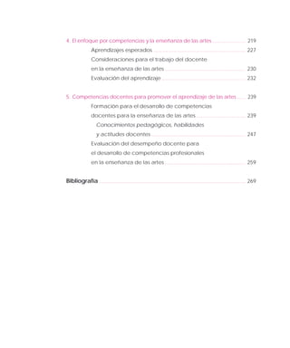 4.  El enfoque por competencias y la enseñanza de las artes 219
Aprendizajes esperados ..227
Consideraciones para el trabajo del docente
en la enseñanza de las artes ..230
Evaluación del aprendizaje ..232
5.  Competencias docentes para promover el aprendizaje de las artes ... 239
Formación para el desarrollo de competencias
docentes para la enseñanza de las artes ..239
Conocimientos pedagógicos, habilidades
y actitudes docentes 247
Evaluación del desempeño docente para
el desarrollo de competencias profesionales
en la enseñanza de las artes 259
Bibliografía 269
 