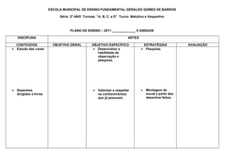 ESCOLA MUNICIPAL DE ENSINO FUNDAMENTAL GERALDO GOMES DE BARROS

                              Série: 2º ANO Turmas: “A, B, C, e D” Turno: Matutino e Vespertino



                                    PLANO DE ENSINO – 2011 _____________ II UNIDADE

    DISCIPLINA                                                            ARTES

  CONTEÚDOS                OBJETIVO GERAL        OBJETIVO ESPECÍFICO               ESTRATÉGIAS             AVALIAÇÃO
• Estudo das cores                                • Desenvolver a                 • Pesquisa.
                                                    habilidade de
                                                    observação e
                                                    pesquisa.




•   Desenhos                                      •   Valorizar e respeitar       •   Montagem de
    dirigidos e livres                                os conhecimentos                mural a partir dos
                                                      que já possuem.                 desenhos feitos.
 