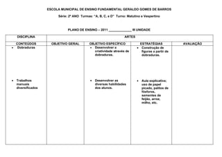 ESCOLA MUNICIPAL DE ENSINO FUNDAMENTAL GERALDO GOMES DE BARROS

                          Série: 2º ANO Turmas: “A, B, C, e D” Turno: Matutino e Vespertino



                                PLANO DE ENSINO – 2011 _____________ III UNIDADE

    DISCIPLINA                                                       ARTES

  CONTEÚDOS            OBJETIVO GERAL        OBJETIVO ESPECÍFICO               ESTRATÉGIAS            AVALIAÇÃO
• Dobraduras                                 • Desenvolver a                 • Construção de
                                               criatividade através de          figuras a partir de
                                               dobraduras.                      dobraduras.




•   Trabalhos                                 •   Desenvolver as             •   Aula explicativa;
    manuais                                       diversas habilidades           uso de papel
    diversificados                                dos alunos.                    picado, palitos de
                                                                                 fósforos,
                                                                                 sementes de
                                                                                 feijão, arroz,
                                                                                 milho, etc.
 