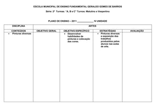 ESCOLA MUNICIPAL DE ENSINO FUNDAMENTAL GERALDO GOMES DE BARROS

                              Série: 2ª Turmas: “A, B e C” Turnos: Matutino e Vespertino



                                PLANO DE ENSINO – 2011 _____________ IV UNIDADE

   DISCIPLINA                                                       ARTES

  CONTEÚDOS             OBJETIVO GERAL        OBJETIVO ESPECÍFICO              ESTRATÉGIAS         AVALIAÇÃO
• Pinturas diversas                           • Desenvolver                  • Pinturas diversas
                                                habilidades de                  e exposição dos
                                                pinturas e colocação            trabalhos
                                                das cores.                      produzidos pelos
                                                                                alunos nas aulas
                                                                                de arte.
 