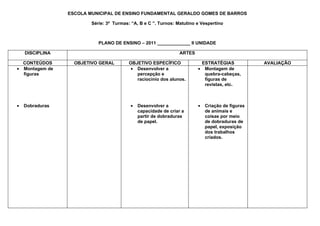 ESCOLA MUNICIPAL DE ENSINO FUNDAMENTAL GERALDO GOMES DE BARROS

                         Série: 3ª Turmas: “A, B e C ”. Turnos: Matutino e Vespertino



                            PLANO DE ENSINO – 2011 _____________ II UNIDADE

    DISCIPLINA                                                   ARTES

  CONTEÚDOS        OBJETIVO GERAL         OBJETIVO ESPECÍFICO             ESTRATÉGIAS             AVALIAÇÃO
• Montagem de                              • Desenvolver a               • Montagem de
  figuras                                    percepção e                   quebra-cabeças,
                                             raciocínio dos alunos.        figuras de
                                                                           revistas, etc.



•   Dobraduras                            •   Desenvolver a              •   Criação de figuras
                                              capacidade de criar a          de animais e
                                              partir de dobraduras           coisas por meio
                                              de papel.                      de dobraduras de
                                                                             papel, exposição
                                                                             dos trabalhos
                                                                             criados.
 
