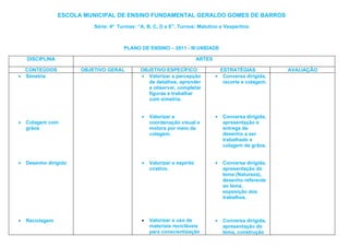 ESCOLA MUNICIPAL DE ENSINO FUNDAMENTAL GERALDO GOMES DE BARROS
                           Série: 4ª Turmas: “A, B, C, D e E”. Turnos: Matutino e Vespertino



                                       PLANO DE ENSINO – 2011 - III UNIDADE

    DISCIPLINA                                                            ARTES

    CONTEÚDOS          OBJETIVO GERAL         OBJETIVO ESPECÍFICO                     ESTRATÉGIAS           AVALIAÇÃO
•   Simetria                                  • Valorizar a percepção             •    Conversa dirigida,
                                                de detalhes, aprender                  recorte e colagem.
                                                a observar, completar
                                                figuras e trabalhar
                                                com simetria.


                                               •   Valorizar a                    •    Conversa dirigida,
•   Colagem com                                    coordenação visual e                apresentação e
    grãos                                          motora por meio da                  entrega de
                                                   colagem.                            desenho a ser
                                                                                       trabalhado e
                                                                                       colagem de grãos.


•   Desenho dirigido                           •   Valorizar o espírito           •    Conversa dirigida,
                                                   criativo.                           apresentação do
                                                                                       tema (Natureza),
                                                                                       desenho referente
                                                                                       ao tema,
                                                                                       exposição dos
                                                                                       trabalhos.



•   Reciclagem                                 •   Valorizar o uso de             •    Conversa dirigida,
                                                   materiais recicláveis               apresentação do
                                                   para conscientização                tema, construção
 
