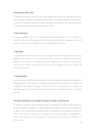 • O que penso sobre Arte?

As respostas às questões específicas neste item instigam os alunos a dar uma resposta pessoal
sobre o assunto em questão, cercando, de certo modo, seu repertório cultural. O importante é
socializar as respostas, mapeá-las na lousa, analisá-las com eles para ver o que pensam sobre
o assunto, tendo como meta a ampliação de suas opiniões.



• Ação expressiva

As ações propostas, muitas vezes denominadas encomendas, para dar mais abertura ao
professor, têm por objetivo desencadear o fazer artístico nas diferentes linguagens, sem perder
de vista os conteúdos e as competências a serem trabalhados no bimestre.



• Apreciação

As perguntas colocadas na apreciação, que se ampliam no Caderno do Professor, são apenas
impulsos para estimular a conversa dos alunos sobre as obras. As ampliações trazidas pelo
professor e por suas boas e instigantes perguntas comporão o texto que será registrado por
cada aluno no Caderno, apontando o que ficou de mais significativo para ele a partir da
apreciação oferecida.



• Você aprendeu?

Questões objetivas e/ou abertas para reflexão sobre os conteúdos trabalhados nas Situações de
Aprendizagem de cada Caderno, reveladoras do que foi possível ativar como conteúdo ou
competência. As respostas individuais tornam-se material de reflexão para os professores,
indicando o que ficou além ou aquém em sua ação docente, no contexto da escola e na própria
proposta.



• Pesquisa individual e/ou em grupo, Pesquisa de campo e Lição de casa

As ações que orientam o aluno no planejamento, na realização e na discussão da pesquisa ou
da ação proposta no Caderno do Aluno tampouco têm resposta única, pois dependem das
escolhas e do que foi possível pesquisar dentro da realidade e do contexto das diferentes
escolas. Consideramos importante a valorização do que foi pesquisado e, especialmente, o
modo como a pesquisa foi apresentada. Há várias sugestões no Caderno do Professor em
relação a isso.
                                                                                             3
 