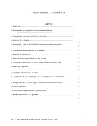 Taller de artesanía ___ 4º de la E.S.O.




                                                                      INDICE
a. Objetivos......................................................................................................................

b. Contribución la adquisición de las competencias básicas
        ..............................................................................

c. Organización y secuenciación de los contenidos ..........................................................

d. Criterios de evaluación..................................................................................................
                                                                                                                                     2
e. Contenidos y criterios de evaluación mínimos para superar la materia
        ............                                                                                                                 2

f. Procedimientos e instrumentos de evaluación ..............................................................                        3

g. Criterios de calificación.................................................................................................        4

h. Materiales y recursos didácticos. Libro de texto ...........................................................                      5

j. Estrategias de animación a la lectura. Adaptaciones curriculares para                                                             6

alumnos que lo precisen.....................................................                                                         6
       ..............................................................................
                                                                                                                                     7
j. Estrategias de animación a la lectura..............................................................................

k. Utilización de las tecnologías de la información y comunicación
                                                                                                                                     8

l. Recuperación de la EPV de 1º para los alumnos que estén matriculados                                                              8

en cursos superiores .........................................................................................................       8

m. Actividades complementarias y extraescolares............................................................

n. Prueba extraordinaria de septiembre.............................................................................                  8

                                                                                                                                     8

                                                                                                                                     9




I.E.S. La Serna. Departamento de Dibujo. Taller de Artesanía 4º ESO. 20-IX-2007                                                          1
 