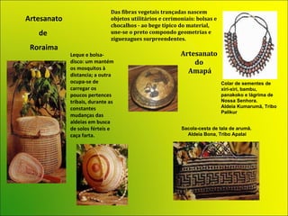 Leque e bolsa-disco: um mantém os mosquitos à distancia; a outra ocupa-se de carregar os poucos pertences tribais, durante as constantes mudanças das aldeias em busca de solos férteis e caça farta. Artesanato de  Roraima Artesanato  do  Amapá Das fibras vegetais trançadas nascem objetos utilitários e cerimoniais: bolsas e chocalhos - ao bege típico do material, une-se o preto compondo geometrias e ziguezagues surpreendentes.  Colar de sementes de xiri-xiri, bambu, panakoko e lágrima de Nossa Senhora.  Aldeia Kumarumã, Tribo Palikur Sacola-cesta de tala de arumã.   Aldeia Bona, Tribo Apalai 