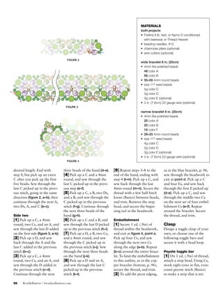 b b
                                 b          d d
                                              d              f f
                                                               f               h h
                                                                                 h

                               a a
                                 a
                                     c c
                                       c             e e
                                                       e             g g
                                                                       g

                                                                                                                       MatErialS
                                                                                                                       both projects
                                                                                                                       •	 Fireline	6	lb.	test,	or	Nymo	D	conditioned	
                                                                                                                       	 with	beeswax	or	Thread	Heaven
                                                                             b b
                                                                               b                                       •	 beading	needles,	#12
                                                                        a a
                                                                          a                                            •	 chainnose	pliers	(optional)
                                                                                      c c
                                                                                        c                              •	 wire	cutters	(optional)

                                                   figure 2
                                                                                                                       wide bracelet 8 in. (20cm)
                                                                                                                       •	 4mm	fire-polished	beads
                                                                                                                       	 48	color	A
                                                                                                                       	 56	color	B	
                                                                                                                       •	 55–59	4mm	round	beads
                                                                                                                       •	 size	110	seed	beads
                                                    k k            j hjj h             e e
                                                                                     g g e          d
                                                                                                   db b
                                                      k                  h             g            db          a a
                                                                                                                  a    	 5g	color	C
n n                                                                                                                    	 3g	color	D	
  n
                                                                                                                       	 3g	color	E	(optional)
      mm                                                   l ll              i ii            f f
                                                                                               f          c c
                                                                                                            c          •	 3	in.	(7.6cm)	22-gauge	wire	(optional)
       m
                                                  figure 3
                                                                                                                       narrow bracelet 8 in. (20cm)
                                                                                                                       •	 4mm	fire-polished	beads
                                                                                                                       	 20	color	A
                                           f f
                                             f                                                                         	 20	color	B
                                e be b
                                   eb              c c
                         d d
                           d                         c                                                                 	 16	color	F	
                                                                                                                       •	 29–33	4mm	round	beads
                                                                                                                       •	 size	110	seed	beads
                     a a
                       a
                                                                                                                       	 4g	color	C
                                                                                                                       	 2g	color	D
                                                                                                                       	 3g	color	E	(optional)
                                                                                                                       •	 3	in.	(7.6cm)	22-gauge	wire	(optional)
                                                   figure 4


 desired length. End with                        three beads of the band (d–e).                      [9] Repeat steps 3–8 to the        as in the blue bracelet, p. 96,
 step 4, but pick up an extra                    [4] Pick up a C and a 4mm                           end of the band, ending with       sew through the beadwork to
 C after you pick up the first                   round, and sew through the                          step 4 (l–m). Pick up a C, and     exit at point d. Pick up a C
 five beads. Sew through the                     last C picked up in the previ-                      sew back through the last          and four Es, and sew back
 last C picked up in the previ-                  ous step (e–f).                                     4mm round (m–n). Secure the        through the first E picked up
 ous stitch, going in the same                   [5] Pick up a C, a B, two Ds,                       thread with a few half-hitch       (d–e). Pick up a C, and sew
 direction (figure 2, a–b), then                 and a B, and sew through the                        knots (Basics) between beads,      through the middle two Cs
 continue through the next A,                    C picked up in the previous                         and trim. Remove the stop          on the next set of four embel-
 two Ds, A, and C (b–c).                         stitch (f–g). Continue through                      bead, and secure the begin-        lishment Cs (e–f). Repeat
                                                 the next three beads of the                         ning tail in the beadwork.         around the bracelet. Secure
 Side	two                                        band (g–h).                                                                            the thread, and trim.
 [1] Pick up a C, a 4mm                          [6] Pick up a C and a B, and                        Embellishment
 round, two Cs, and an A, and                    sew through the last D picked                       [1] Secure 1 yd. (.9m) of          Clasp
 sew through the last D added                    up in the previous stitch (h–i).                    thread within the beadwork,        Design a toggle clasp of your
 on the first side (figure 3, a–b).              [7] Pick up a D, a B, two Cs,                       and exit at figure 4, point a.     own, or choose one of the
 [2] Pick up a D, and sew                        and a 4mm round, and sew                            Pick up four Cs, and sew           following toggle bars and
 back through the A and the                      through the C picked up in                          through the next two Cs            secure it with a bead loop.
 last C added in the previous                    the previous stitch (i–j). Sew                      along the edge (a–b). Repeat
 stitch (b–c).                                   through the next three beads                        (b–c) around the entire brace-     Peyote	toggle	bar
 [3] Pick up a C, a 4mm                          on the band (j–k).                                  let. To limit the embellishment    [1] On 1 yd. (.9m) of thread,
 round, two Cs, and an A, and                    [8] Pick up a D and an A,                           to this outline, as in the cop-    attach a stop bead. Using Cs,
 sew through the D added in                      and sew through the last C                          per bracelet (bottom, p. 96),      work eight rows in flat, even-
 the previous stitch (c–d).                      picked up in the previous                           secure the thread, and trim.       count peyote stitch (Basics)
 Continue through the next                       stitch (k–l).                                       [2] To add the picot edging,       to make a strip that is ten

 98	       Bead&Button   |   beadandbutton.com
 