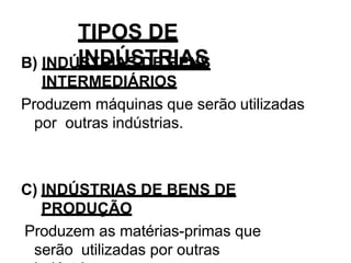 TIPOS DE
INDÚSTRIAS
B) INDÚSTRIAS DE BENS
INTERMEDIÁRIOS
Produzem máquinas que serão utilizadas
por outras indústrias.
C) INDÚSTRIAS DE BENS DE
PRODUÇÃO
Produzem as matérias-primas que
serão utilizadas por outras
 