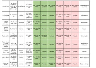 Arte de Doce
Av. Aurora
Forti Neves,
1030 - loja 15 -
Villa Mall
Olímpia Park
Santa Ifigênia
(17) 98144-
0996/ 98119-
1600
Das 11h00 às
17h00
Das 17h00
às 23h00
Das 11h00 às
23h00
Das 11h00 às
17h00
Das 17h00 às
23h00
Das 11h00 às
23h00
Doceria e loja de
souvenirs
Cacau Show
R. São João,
537
Centro
(17) 3281-
4485/ 98171-
8374
(whatsapp)
Das 9h00 às
18h00
Fechado Fechado
Das 9h00 às
18h00
Das 9h00 às
18h00
Fechado Chocolateria
Empório
Queijo
Cremoso
Rua Murad
José ,108D
Harmonia
(17) 98149-
8995
(whatsapp)
Das 10h00 às
21h00
Fechado Fechado
Das 10h00 às
19h00
Das 10h00 às
21h00
Fechado Alimentação
Selaria
Ducatti
Country
Rua Síria, 413 Centro
(17 )98118-
9932
Das 09h30 às
16h00
Fechado Fechado
Das 09h00 às
18h00
Das 09h30 às
12h00
Fechado Selaria
Farofa da Ena
Rua
Conselheiro
Antonio Prado,
1.225
Centro
(17) 3280-
4849
Das 7h30 às
12h00
Das 08h00
às 12h00
Fechado
Das 07h30 às
16h30
Das 07h30 às
12h00
Fechado Alimentação
Flores Pavese
e Kairós
Tecelagem
Manual
Rua 9 de
Julho, 1.479
Centro
(17) 3281-
2796/ 99774-
2894
Das 08h00 às
17h00
Fechado Fechado
Das 08h00 às
17h00
Fechado Fechado
Artesanato e
floricultura
Laticínio
Natura Nata
Av. Dr.
Adhemar
Pereira de
Barros, 686.
Parque
Cecap
(17) 3281-
1102 / (17)
98188-6189
Das 06h00 às
16h00
Fechado Fechado
Das 06h00 às
16h00
Fechado Fechado Laticínio
Leque Místico
Av. Aurora
Forti Neves,
272
Centro
(17) 99665-
4566
(Whatsapp)
Das 08h30 às
16h00
Fechado Fechado
das 08h30 às
16h00
Fechado Fechado Artigos religiosos
Skina das
Flores
R. Bernardino
de Campos,
712 - A
Centro
(17) 99150-
9034 / 98131-
9150
Das 8h00 às
13h00
Fechado
Das 9h00 às
12h00
Das 8h30 às
18h00
Das 8h00 às
13h00
Fechado Flores e plantas
 