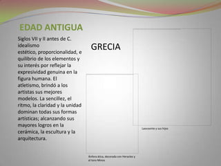 Edad antiguaSiglos VII y II antes de C. idealismo estético, proporcionalidad, equilibrio de los elementos y su interés por reflejar la expresividad genuina en la figura humana. El atletismo, brindó a los artistas sus mejores modelos. La sencillez, el ritmo, la claridad y la unidad dominan todas sus formas artísticas; alcanzando sus mayores logros en la cerámica, la escultura y la arquitectura.GreciaLaocoonte y sus hijosÁnfora ática, decorada con Heracles y el toro Minos