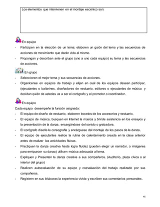 45
Los elementos que intervienen en el montaje escénico son:
En equipo
- Participen en la elección de un tema; elaboren un guión del tema y las secuencias de
acciones de movimiento que darán vida al mismo.
- Propongan y describan ante el grupo (uno a uno cada equipo) su tema y las secuencias
de acciones.
En grupo
- Seleccionen el mejor tema y sus secuencias de acciones.
- Organícense en equipos de trabajo y elijan en cual de los equipos desean participar,
(ejecutantes o bailarines, diseñadores de vestuario, editores o ejecutantes de música y
decidan quién de ustedes va a ser el corógrafo y el promotor o coordinador.
En equipo
Cada equipo desempeñe la función asignada:
- El equipo de diseño de vestuario, elaboren bocetos de los accesorios y vestuario.
- El equipo de música, busquen en Internet la música y brinde asistencia en los ensayos y
la presentación de la danza, encargándose del sonido o grabadora.
- El corógrafo diseñe la coreografía y encárguese del montaje de los pasos de la danza.
- El equipo de ejecutantes realice la rutina de calentamiento creada en la clase anterior
antes de realizar las actividades físicas.
- Practiquen la danza creativa hasta logra fluidez (pueden elegir un narrador, o imágenes
para enriquecer su danza) utilicen música adecuada al tema.
- Expliquen y Presenten la danza creativa a sus compañeros. (Auditorio, plaza cívica o al
interior del grupo)
- Realicen autoevaluación de su equipo y coevaluación del trabajo realizado por sus
compañeros.
- Registren en sus bitácoras la experiencia vivida y escriben sus comentarios personales.
 