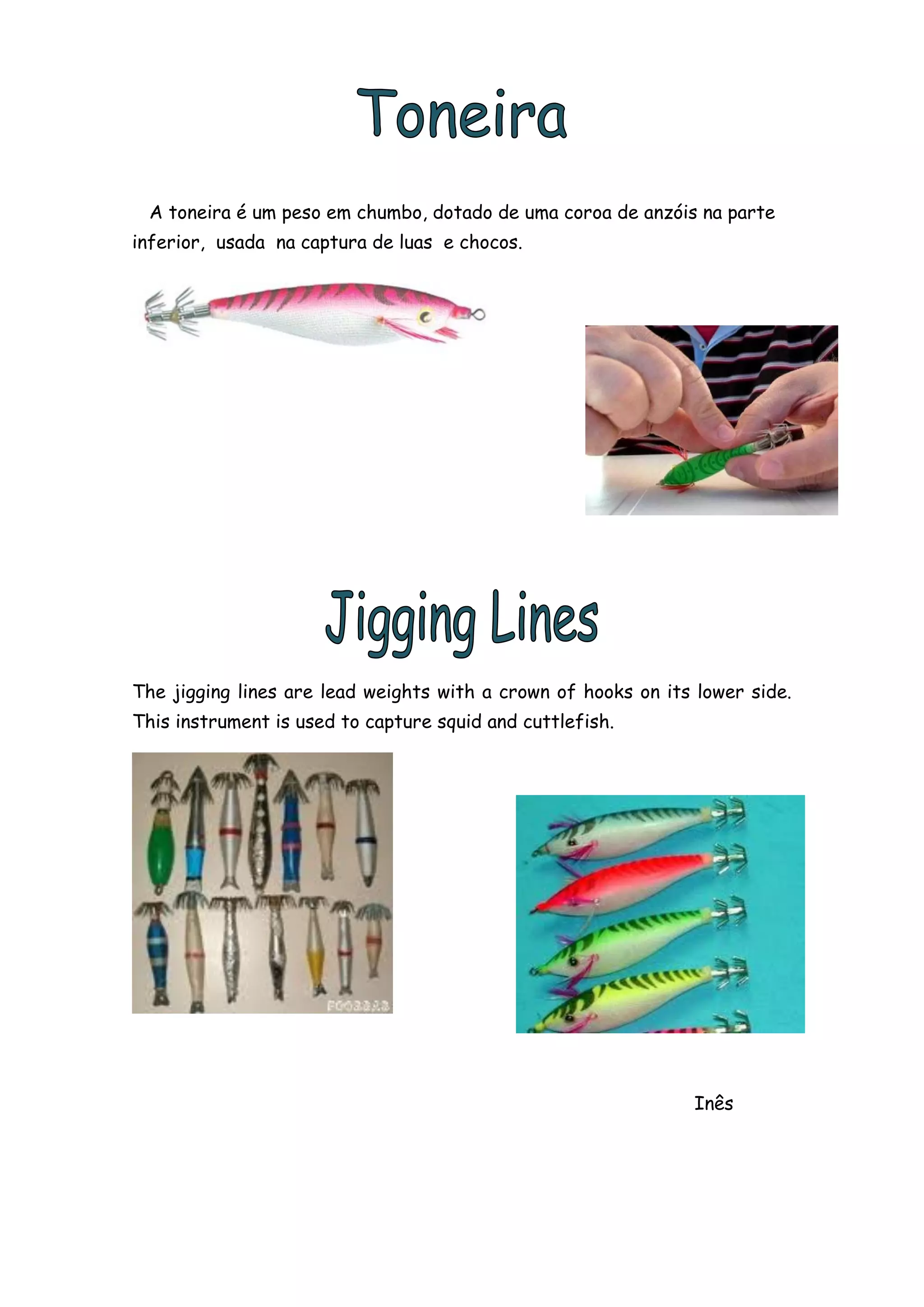 A toneira é um peso em chumbo, dotado de uma coroa de anzóis na parte
inferior, usada na captura de luas e chocos.




The jigging lines are lead weights with a crown of hooks on its lower side.
This instrument is used to capture squid and cuttlefish.




                                                               Inês
 