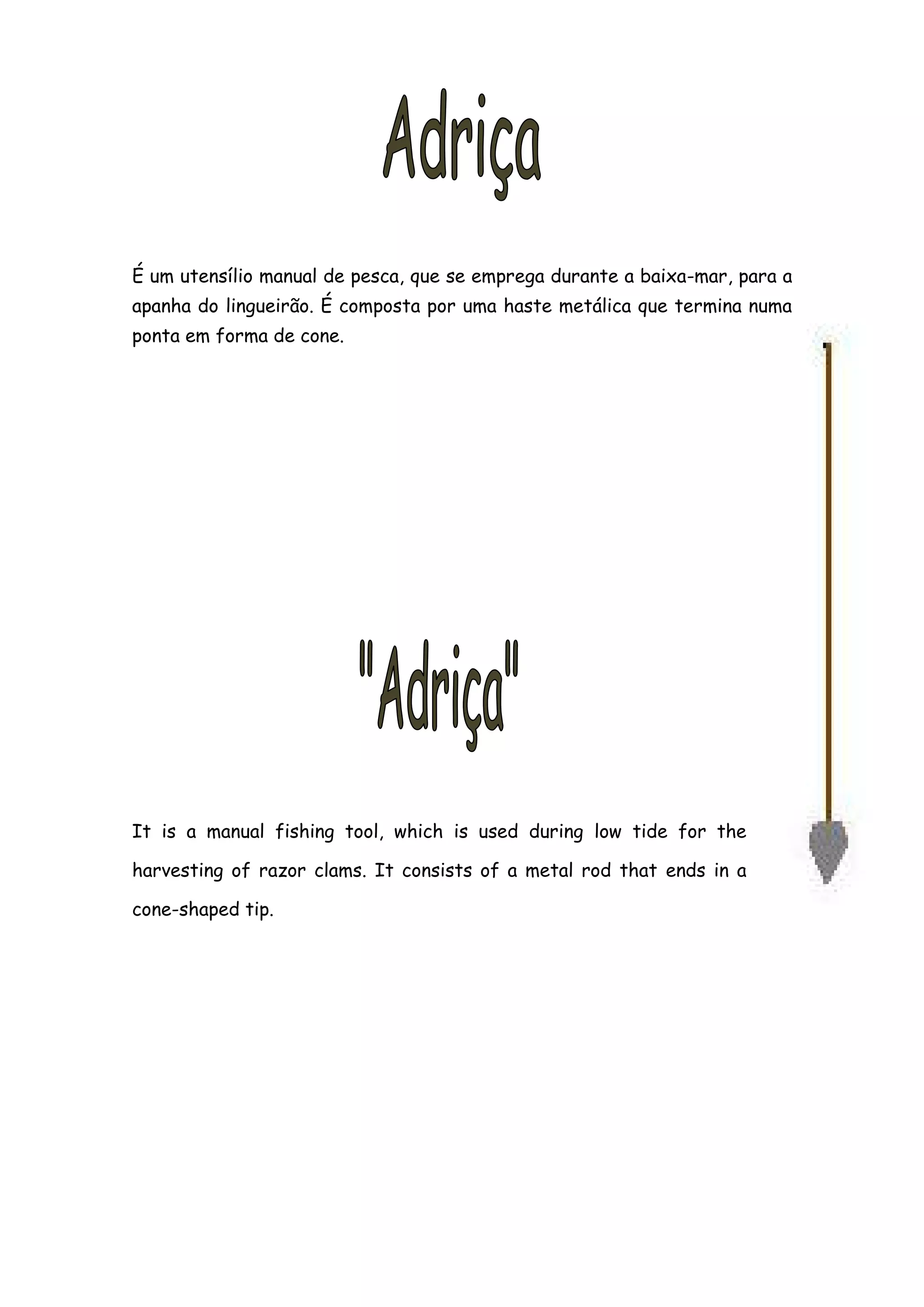 É um utensílio manual de pesca, que se emprega durante a baixa-mar, para a
apanha do lingueirão. É composta por uma haste metálica que termina numa
ponta em forma de cone.




It is a manual fishing tool, which is used during low tide for the

harvesting of razor clams. It consists of a metal rod that ends in a

cone-shaped tip.
 