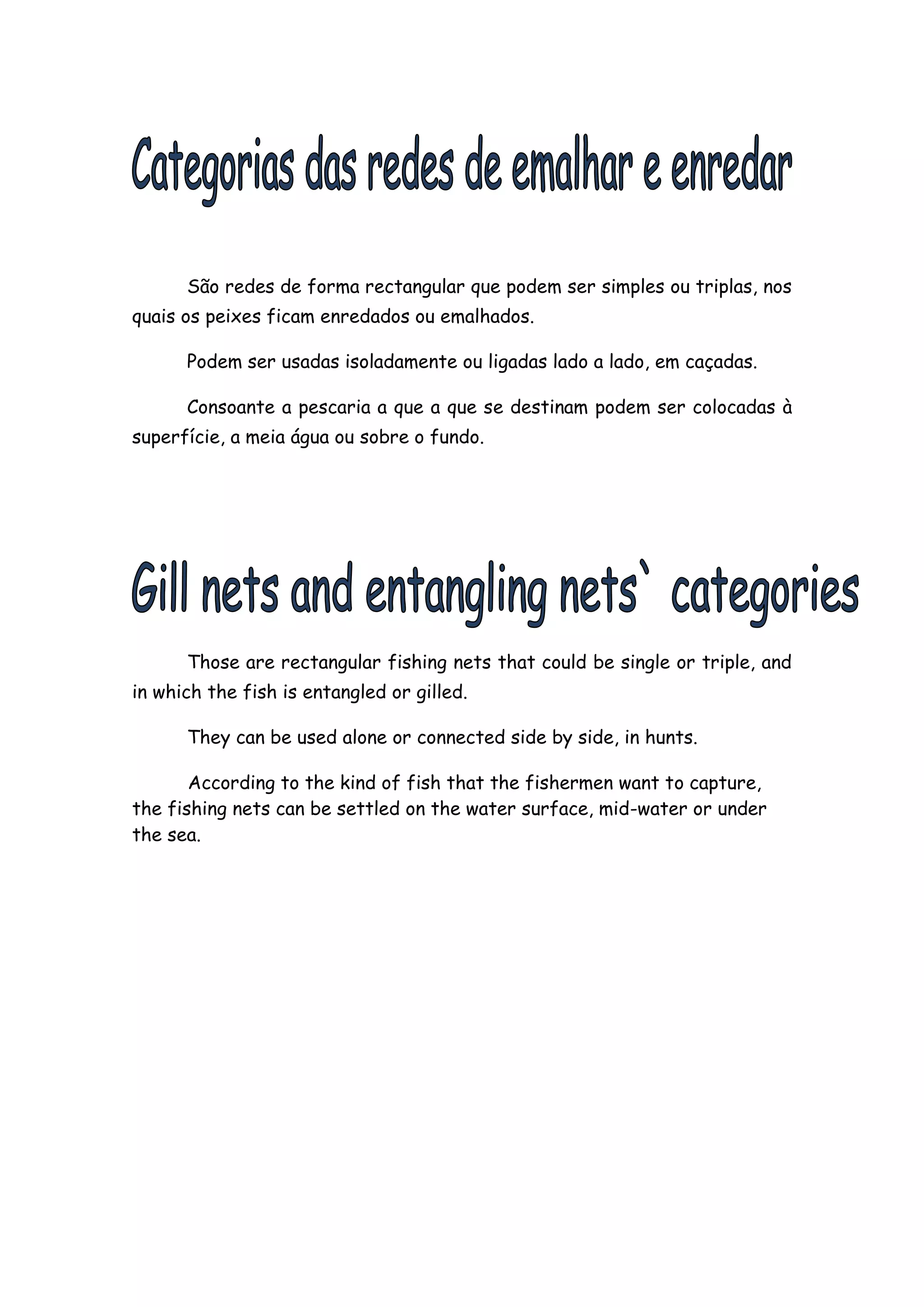 São redes de forma rectangular que podem ser simples ou triplas, nos
quais os peixes ficam enredados ou emalhados.

      Podem ser usadas isoladamente ou ligadas lado a lado, em caçadas.

      Consoante a pescaria a que a que se destinam podem ser colocadas à
superfície, a meia água ou sobre o fundo.




      Those are rectangular fishing nets that could be single or triple, and
in which the fish is entangled or gilled.

      They can be used alone or connected side by side, in hunts.

       According to the kind of fish that the fishermen want to capture,
the fishing nets can be settled on the water surface, mid-water or under
the sea.
 