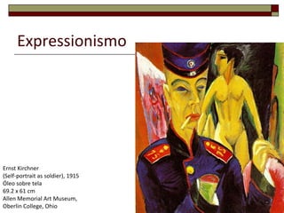 ExpressionismoOs pintores expressionistas tendem a utilizar formas simplificadas de acentuado grafismo e cores fortes que resultam da agressividade resultante da tenção emocional e psicológica do pintor, que se exprime por alterações cromáticas e distorções das formas que podem atingir o caricatural.4