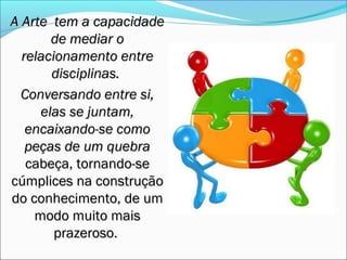 A Arte tem a capacidade
       de mediar o
  relacionamento entre
       disciplinas.
  Conversando entre si,
     elas se juntam,
   encaixando-se como
   peças de um quebra
   cabeça, tornando-se
cúmplices na construção
do conhecimento, de um
    modo muito mais
        prazeroso.
 