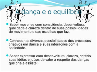 A dança e o equilíbrio
.
Saber mover-se com consciência, desenvoltura,
  qualidade e clareza dentro de suas possibilidades
  de movimento e das escolhas que faz.

Conhecer as diversas possibilidades dos processos
 criativos em dança e suas interações com a
 sociedade.

Saber expressar com desenvoltura, clareza, critério
 suas idéias e juízos de valor a respeito das danças
 que cria e assiste;
 